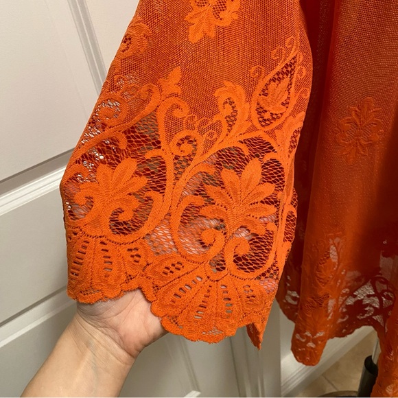 Paper + Tee Sheer Mesh Kimono Open Front Scalloped Embroidered Lace Orange 1X - Picture 10 of 12